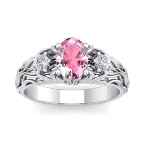 1 Carat Oval Shape Pink Topaz and Diamond Intricate Vine Engagement Ring In 14 Karat White Gold