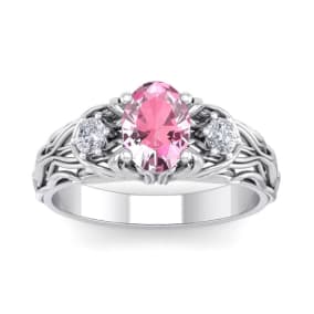 Pink Gemstones 1 Carat Oval Shape Pink Topaz and Diamond Intricate Vine Engagement Ring In 14 Karat White Gold