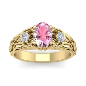 Pink Gemstones 1 Carat Oval Shape Pink Topaz and Diamond Intricate Vine Engagement Ring In 14 Karat Yellow Gold