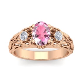 Pink Gemstones 1 Carat Oval Shape Pink Topaz and Diamond Intricate Vine Engagement Ring In 14 Karat Rose Gold