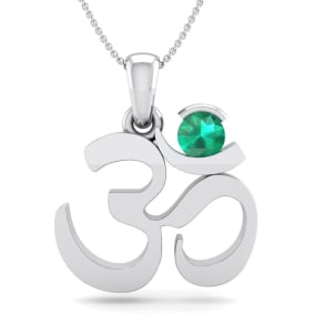 1/4 Carat Emerald Om Necklace In 14 Karat White Gold, 18 Inch Chain