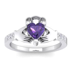 3/4 Carat Heart Shape Amethyst and Diamond Claddagh Ring In 14 Karat White Gold