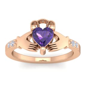 3/4 Carat Heart Shape Amethyst and Diamond Claddagh Ring In 14 Karat Rose Gold