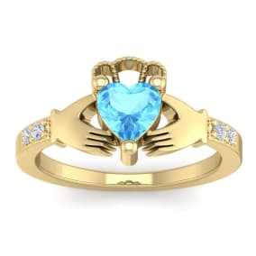 1 Carat Heart Shape Blue Topaz and Diamond Claddagh Ring In 14 Karat Yellow Gold