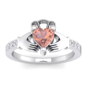 3/4 Carat Heart Shape Morganite and Diamond Claddagh Ring In 14 Karat White Gold