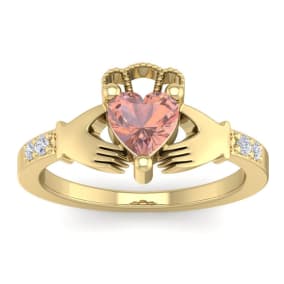 3/4 Carat Heart Shape Morganite and Diamond Claddagh Ring In 14 Karat Yellow Gold