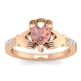 3/4 Carat Heart Shape Morganite and Diamond Claddagh Ring In 14 Karat Rose Gold