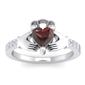1 1/5 Carat Heart Shape Garnet and Diamond Claddagh Ring In 14 Karat White Gold