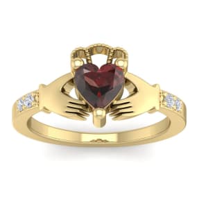 Garnet Ring: Garnet Jewelry: 1 1/5 Carat Heart Shape Garnet and Diamond Claddagh Ring In 14 Karat Yellow Gold
