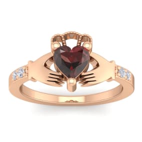 Garnet Ring: Garnet Jewelry: 1 1/5 Carat Heart Shape Garnet and Diamond Claddagh Ring In 14 Karat Rose Gold