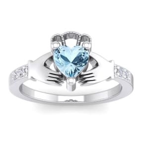 3/4 Carat Heart Shape Aquamarine and Diamond Claddagh Ring In 14 Karat White Gold