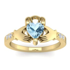 Aquamarine Ring: Aquamarine Jewelry: 3/4 Carat Heart Shape Aquamarine and Diamond Claddagh Ring In 14 Karat Yellow Gold