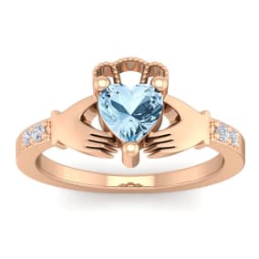 Aquamarine Ring: Aquamarine Jewelry: 3/4 Carat Heart Shape Aquamarine and Diamond Claddagh Ring In 14 Karat Rose Gold
