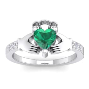 3/4 Carat Heart Shape Emerald and Diamond Claddagh Ring In 14 Karat White Gold