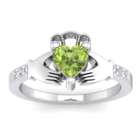 1 Carat Heart Shape Peridot and Diamond Claddagh Ring In 14 Karat White Gold