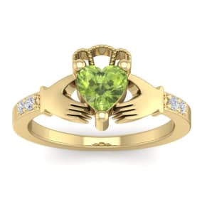 1 Carat Heart Shape Peridot and Diamond Claddagh Ring In 14 Karat Yellow Gold