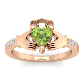 1 Carat Heart Shape Peridot and Diamond Claddagh Ring In 14 Karat Rose Gold