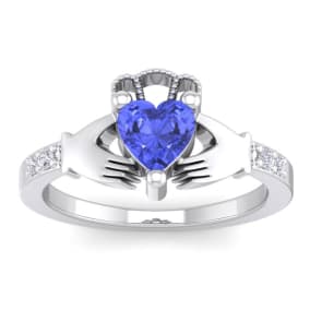 1 Carat Heart Shape Tanzanite and Diamond Claddagh Ring In 14 Karat White Gold