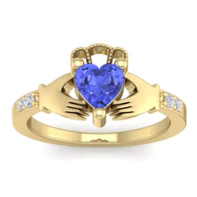 1 Carat Heart Shape Tanzanite and Diamond Claddagh Ring In 14 Karat Yellow Gold