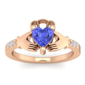 1 Carat Heart Shape Tanzanite and Diamond Claddagh Ring In 14 Karat Rose Gold