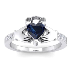1 1/5 Carat Heart Shape Sapphire and Diamond Claddagh Ring In 14 Karat White Gold