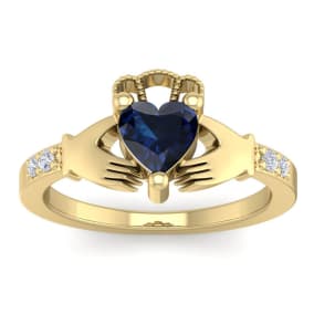 1 1/5 Carat Heart Shape Sapphire and Diamond Claddagh Ring In 14 Karat Yellow Gold