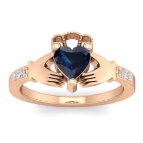 1 1/5 Carat Heart Shape Sapphire and Diamond Claddagh Ring In 14 Karat Rose Gold
