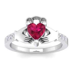 1 Carat Heart Shape Ruby and Diamond Claddagh Ring In 14 Karat White Gold