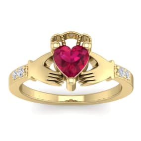 1 Carat Heart Shape Ruby and Diamond Claddagh Ring In 14 Karat Yellow Gold