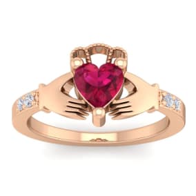 1 Carat Heart Shape Ruby and Diamond Claddagh Ring In 14 Karat Rose Gold