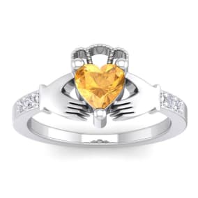 3/4 Carat Heart Shape Citrine and Diamond Claddagh Ring In 14 Karat White Gold