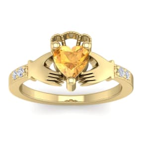 3/4 Carat Heart Shape Citrine and Diamond Claddagh Ring In 14 Karat Yellow Gold