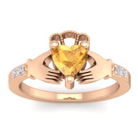 3/4 Carat Heart Shape Citrine and Diamond Claddagh Ring In 14 Karat Rose Gold