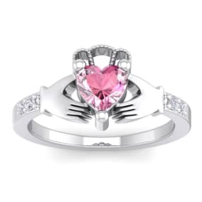 Pink Gemstones 1 Carat Heart Shape Pink Topaz and Diamond Claddagh Ring In 14 Karat White Gold