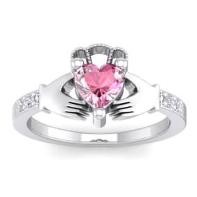 1 Carat Heart Shape Pink Topaz and Diamond Claddagh Ring In 14 Karat White Gold