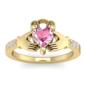Pink Gemstones 1 Carat Heart Shape Pink Topaz and Diamond Claddagh Ring In 14 Karat Yellow Gold