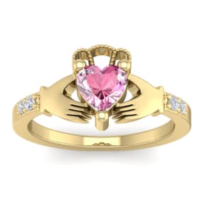 1 Carat Heart Shape Pink Topaz and Diamond Claddagh Ring In 14 Karat Yellow Gold