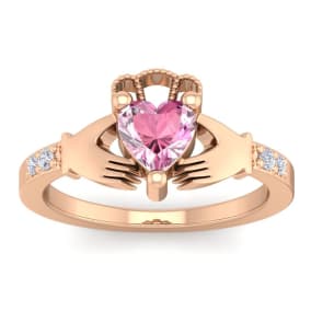 Pink Gemstones 1 Carat Heart Shape Pink Topaz and Diamond Claddagh Ring In 14 Karat Rose Gold