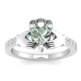 3/4 Carat Heart Shape Green Amethyst and Diamond Claddagh Ring In 14 Karat White Gold