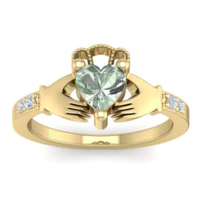 3/4 Carat Heart Shape Green Amethyst and Diamond Claddagh Ring In 14 Karat Yellow Gold