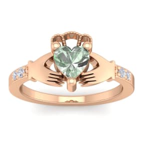 3/4 Carat Heart Shape Green Amethyst and Diamond Claddagh Ring In 14 Karat Rose Gold