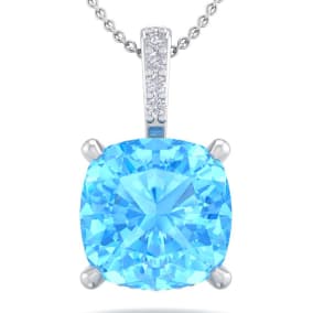 1 1/5 Carat Cushion Cut Blue Topaz and Hidden Halo Diamond Necklace In 14 Karat White Gold, 18 Inches