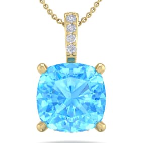 1 1/5 Carat Cushion Cut Blue Topaz and Hidden Halo Diamond Necklace In 14 Karat Yellow Gold, 18 Inches