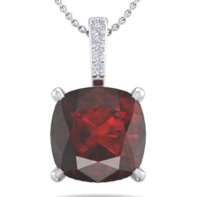 1 1/10 Carat Cushion Cut Garnet and Hidden Halo Diamond Necklace In 14 Karat White Gold, 18 Inches