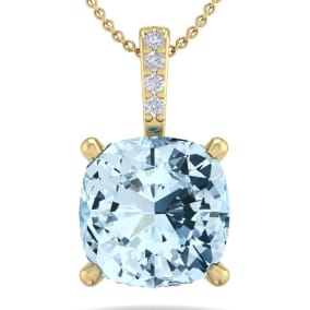Aquamarine Necklace: Aquamarine Jewelry: 3/4 Carat Cushion Cut Aquamarine and Hidden Halo Diamond Necklace In 14 Karat Yellow Gold, 18 Inches