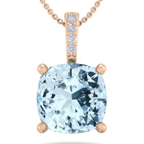 Aquamarine Necklace: Aquamarine Jewelry: 3/4 Carat Cushion Cut Aquamarine and Hidden Halo Diamond Necklace In 14 Karat Rose Gold, 18 Inches