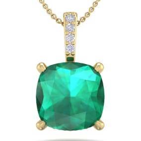 1-1/10 Carat Cushion Shape Emerald Necklaces With Hidden Diamond Halo In 14 Karat Yellow Gold, 18 Inch Chain