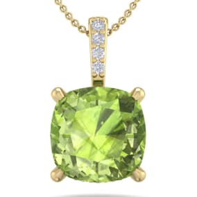 1 1/10 Carat Cushion Cut Peridot and Hidden Halo Diamond Necklace In 14 Karat Yellow Gold, 18 Inches