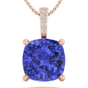 1 Carat Cushion Cut Tanzanite and Hidden Halo Diamond Necklace In 14 Karat Rose Gold, 18 Inches