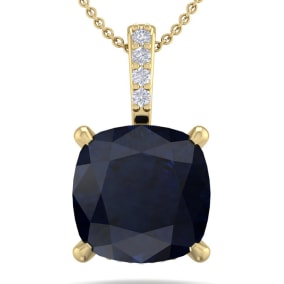 1 1/10 Carat Cushion Cut Sapphire and Hidden Halo Diamond Necklace In 14 Karat Yellow Gold, 18 Inches